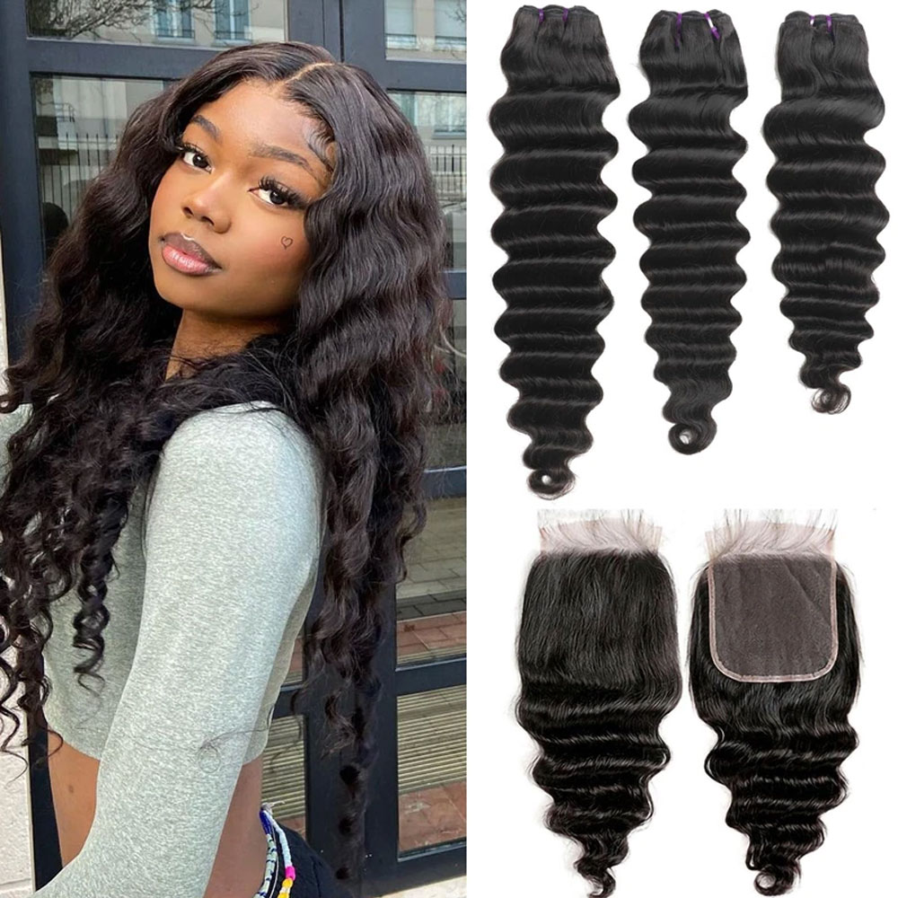 Deep Wave 3 Bundles With Closure - Luźne pasma włosów o głębokim skręcie