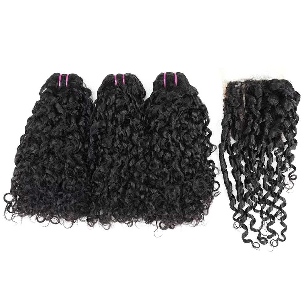 Deep Wave 3 Bundles With Closure - Zestawy włosów Pixie Curl z zamknięciem,